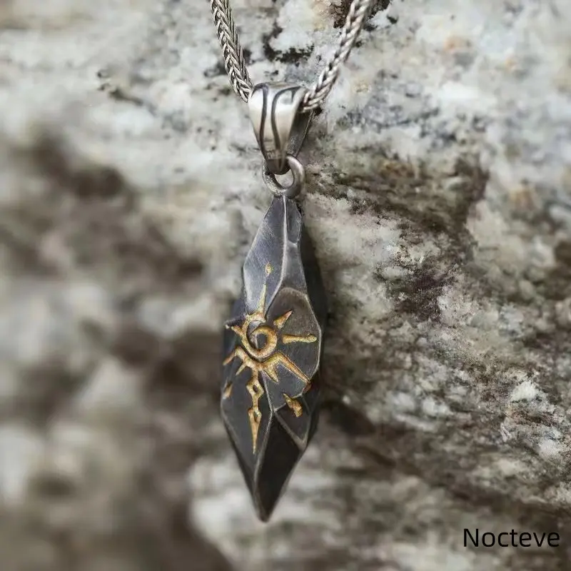 Vintage Sun Rune Wishing Stone Meteorite Two-Tone Pendant Necklace, Durable Stainless Steel Hip Hop Chain for Daily Street Wear