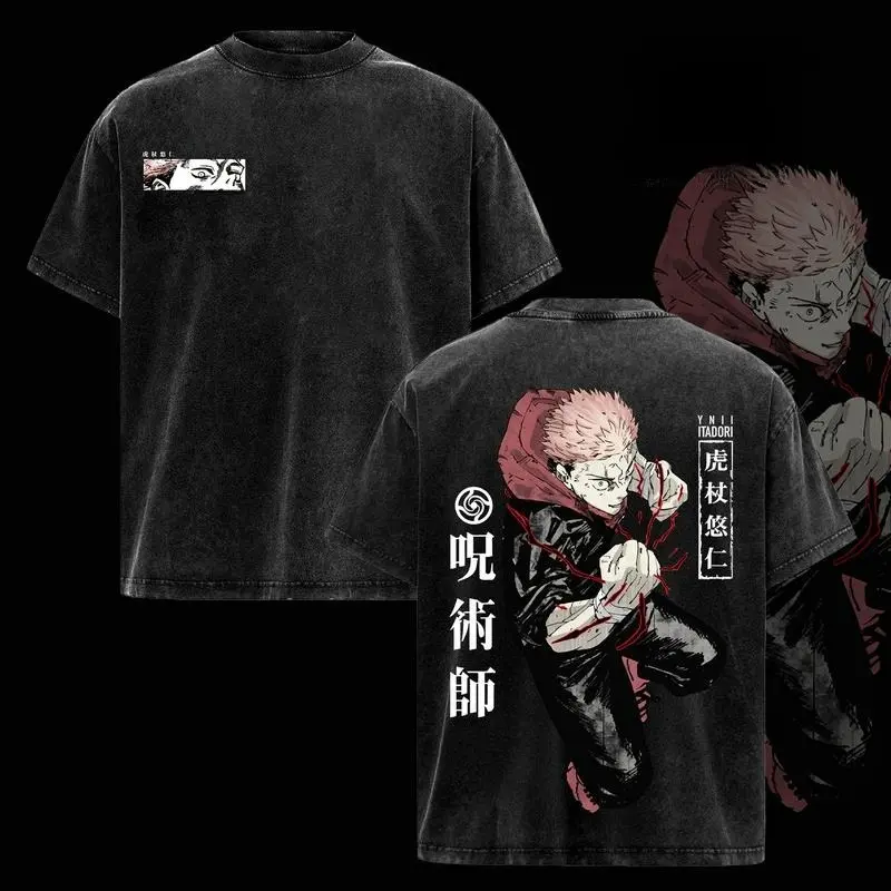 Menswear Unisex Oversized Short-Sleeve Round Neck T-Shirt - Jujutsu Kaisen Itadori Yuji Execution Arc Distressed Vintage Washed Cartoon Design, Soft Stretch Cotton Fabric, Hem Detail, Cursed Energy Gift for JJK Fans, Casual Activewear Top