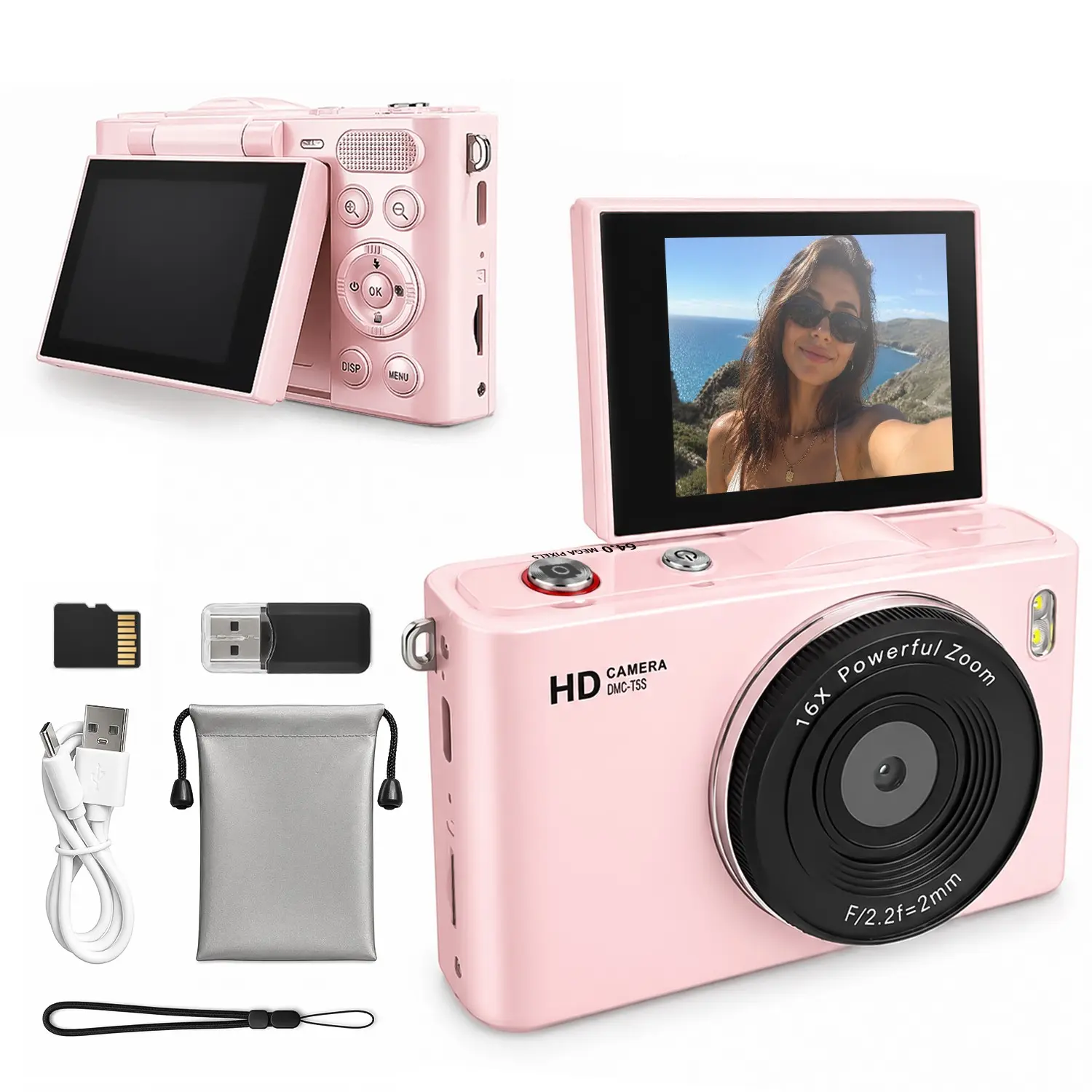 Portable Compact Digital Camera, 180° Flip Screen, 1080p Full HD, 16X Digital Zoom, SD Card Slot, with Elegant Camera Bag, Ideal for Vlogging & Photography, Valentine's Gift