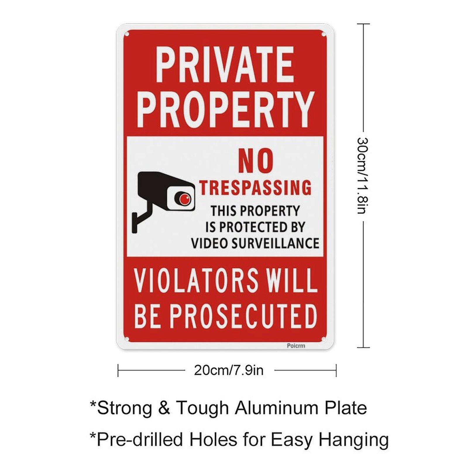 Private Property No Trespassing Aluminum Metal Sign, 8"×12" CCTV Video Surveillance Warning Plaque, Durable Weatherproof Sign for Yard Farm Land Commercial Property