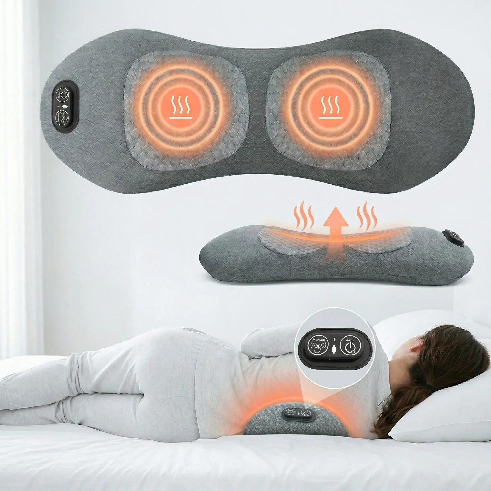Heatable Rechargeable Lumbar Waist Massage Pillow for Adults' Lower Back Pain Relief - Cordless Cushion with Vibration & Traction, 2500mAh Fastcharging Ergonomic Support with USB Port for Desk Chair, Home (Batteries Included), Daily Recovery