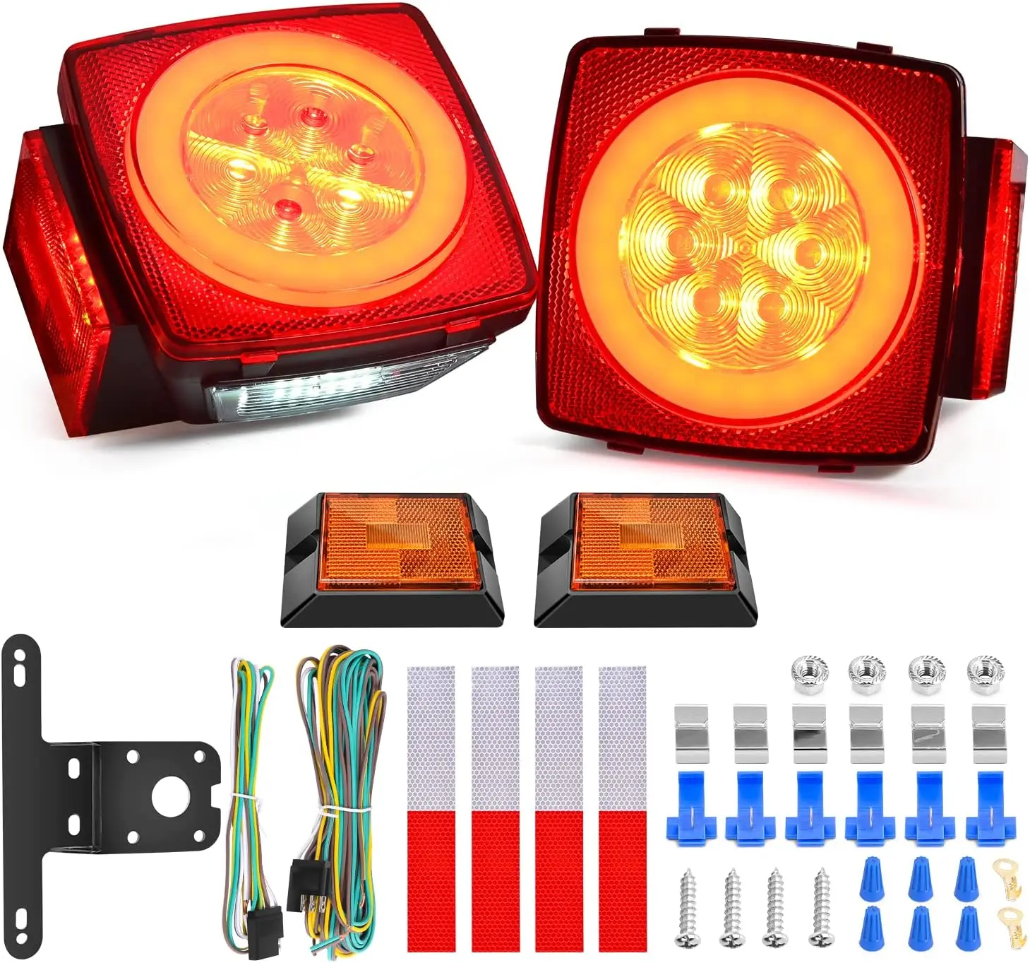 Nilight 2PCS 12V Square Halo Glow Submersible Tow Lights Kit - LED Backlights, Mounting Studs, Stop Turn, Tail, Side Marker, Clearance, License Fixtures for Snowmobile Utility, Boats, Most Trailers, Tractors, Led Tail Lights Lighting Assemblies & Componen
