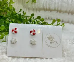Peppermint and Snowflake Stud Earrings | Polymer Clay Earrings