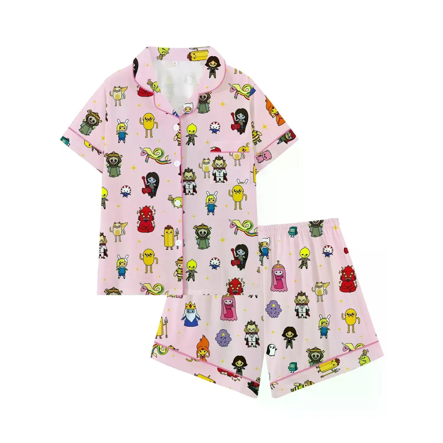 Nostalgic Magical Adventure Cartoon Pajama Set, Women's Lightweight Summer Loungewear, Short Sleeve Homewear Sleepwear PJs with Cute Whimsical Print