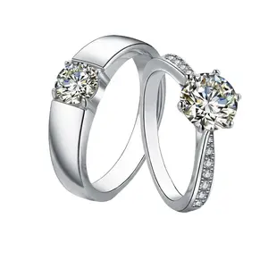 Classic Moissanite Couple Rings Set | 18K White Gold Plated, Sparkling Diamond Engagement & Wedding Bands for Women & Men, Promise Ring Gift for Her Him