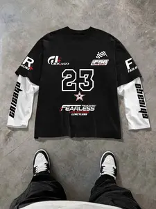 Unisex Chicago Racing Print Long Sleeve T-Shirt, Casual Fashion Fitted, Fitted Graphic Tee with Rivet Details, Casual All Season Wear, Comfortable Daily, Menswear, Stylish, Streetwear
