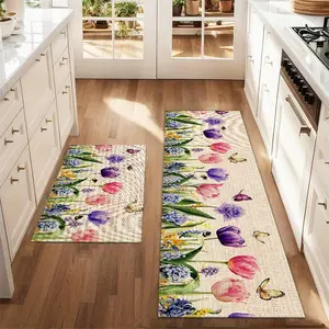 2Pcs Spring Flowers Butterfly Floor mat set including farmhouse kitchen Rug dining room flooring laundry room decorative carpet mat Floral Area Rug