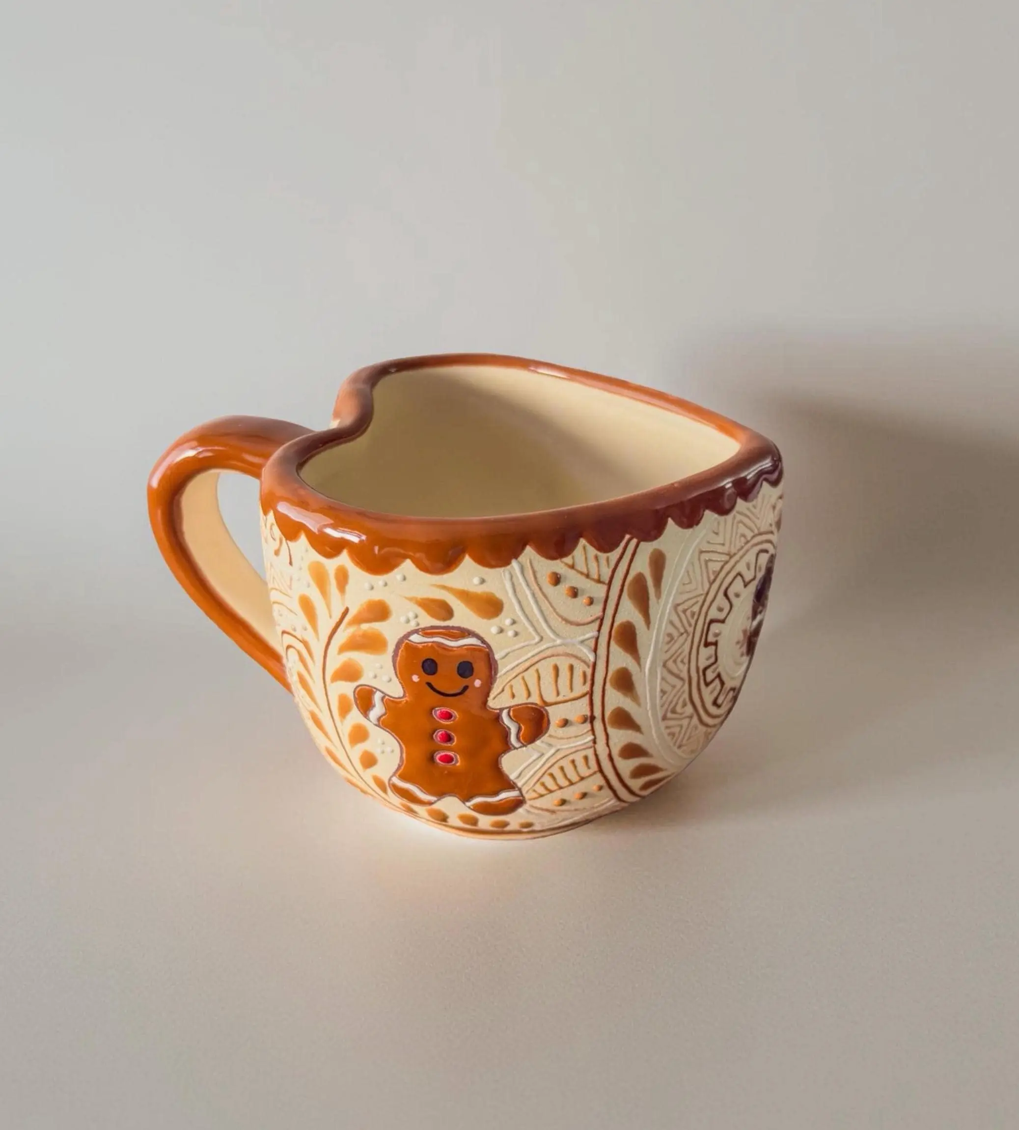 12 oz Rustic Handmade Heart-Shape Raised Gingerbread Man Stoneware Pottery Mug - Durable, Dishwasher Safe Holiday Coffee Hot Cocoa Drinkware, Washable Kitchen Collectible