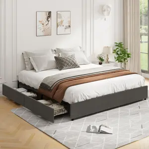 【GARVEE】Platform Bed Frame, Fabric Upholstered with 4 Storage Drawers, No Box Spring Needed, Wooden Slats Support, Noise Free, Easy Assembly, Dark Grey (FULL)