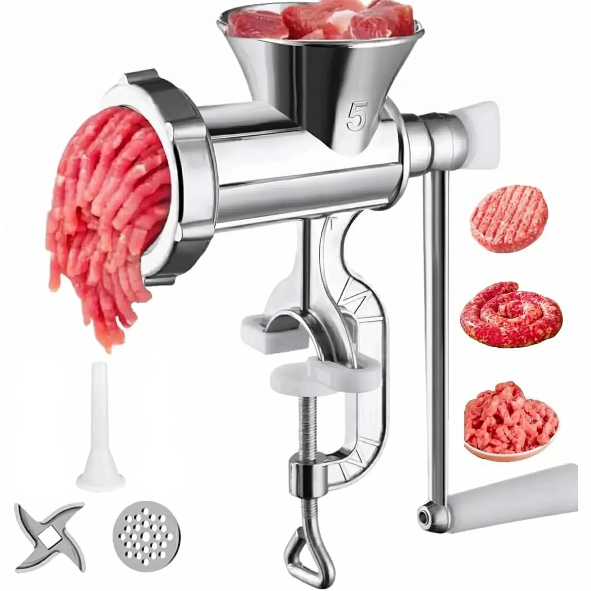 Manual Meat Grinder & Sausage Stuffer - Heavy Duty Aluminum Alloy Ergonomic Hand Mincer, Secure Table Clamp, Portable Camp Kitchen Shredder for Beef, Pork, Turkey, Pepper; Dishwasher Safe, Clamp Secure