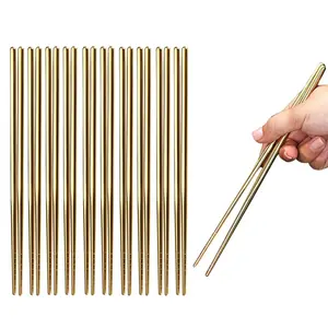 10 Pairs Reusable Chopsticks, 8.9 Inch Titanium Gold Plating Stainless Steel Metal Chop Sticks, Japanese Chinese Korean Chopstick Dishwasher Safe
