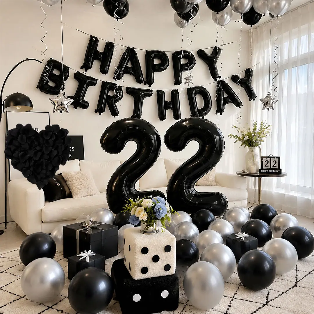1100pcs Multicolor Festive Party Decorations Kit Set - Black & Silver Chrome Latex, Heart-Shape Foil Balloons, Silver Happy Birthday Banner, 1000pcs Fake Black Rose Petals for Balloon Decor, Graduation, Housewarming (Gender Reveal Compatible)