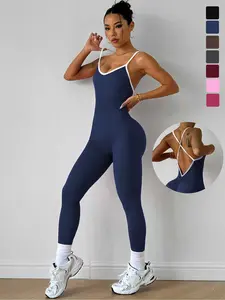 Colorblock Back Cross Strap Sleeveless V-Neck Jumpsuit, Workout Jumpsuit, Sportswear Jumpsuits, Sporty Comfy Jumpsuit, Sporty Yoga Casual Fashion, Quick-Dry Ribbed Tight Fit, All Seasons Wear