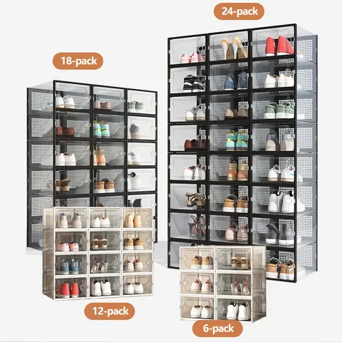 Thick Transparent Plastic Rectangle Shoe Storage Organizer (6/12/18/24-Pack) with Clip-On Lids - Interlocking, Extendable Home Supplies with Foldable Rack for Entryway, Bedroom, Closet Storage, Space-Saving Expandable Drawer Stand