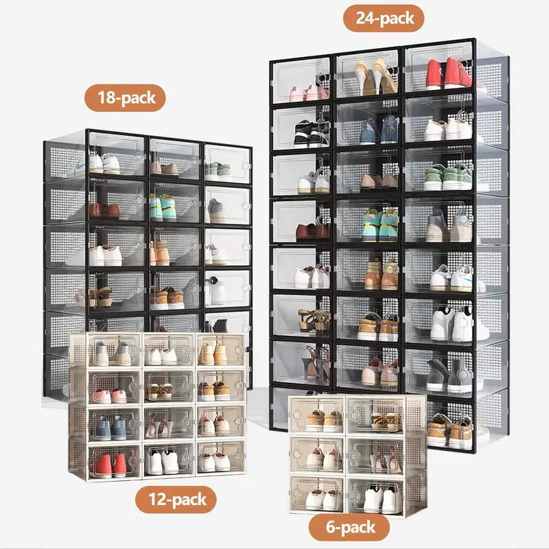 Thick Transparent Plastic Rectangle Shoe Storage Organizer (6/12/18/24-Pack) with Clip-On Lids - Interlocking, Extendable Home Supplies with Foldable Rack for Entryway, Bedroom, Closet Storage, Space-Saving Expandable Drawer Stand