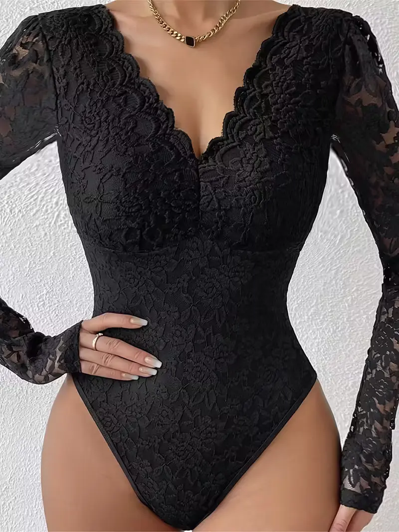 Women's see-through long-sleeved floral lace one-piece top with V-neck and backless design for casual outinSexy Floral Lace Bodysuit Women Long Sleeve V-Neck Backless Going Out Body,back to school,back to school shopping