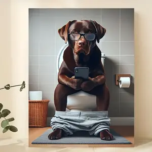 1pc Whimsical Labrador Mascot Canvas Wall Art - Humorous Framed Ink Print with Glasses, Smartphone, Pine Wood Frame, Modern/Country Style for Home, Bathroom Decoration, Mascot Wall Arts