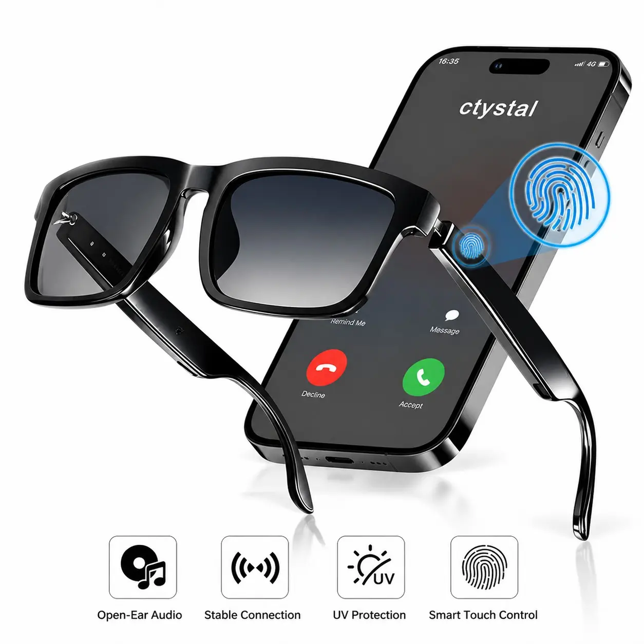 Bluetooth Smart Sunglasses, Wearable Tech Glasses, Wearable Wireless Audio Glasses with Integrated Speaker and Microphone, Voice Command and Touch Operation, UV Protection Lenses for Hiking and Travel, Gifts for Women and Men