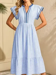 Summer new fashionable and fresh dress, casual and versatile V-neck flutter sleeves, fitted waist to show slimness, A-line mid-length dress, suitable for work commuting, beach vacation, afternoon tea date, picnic Casual Wear