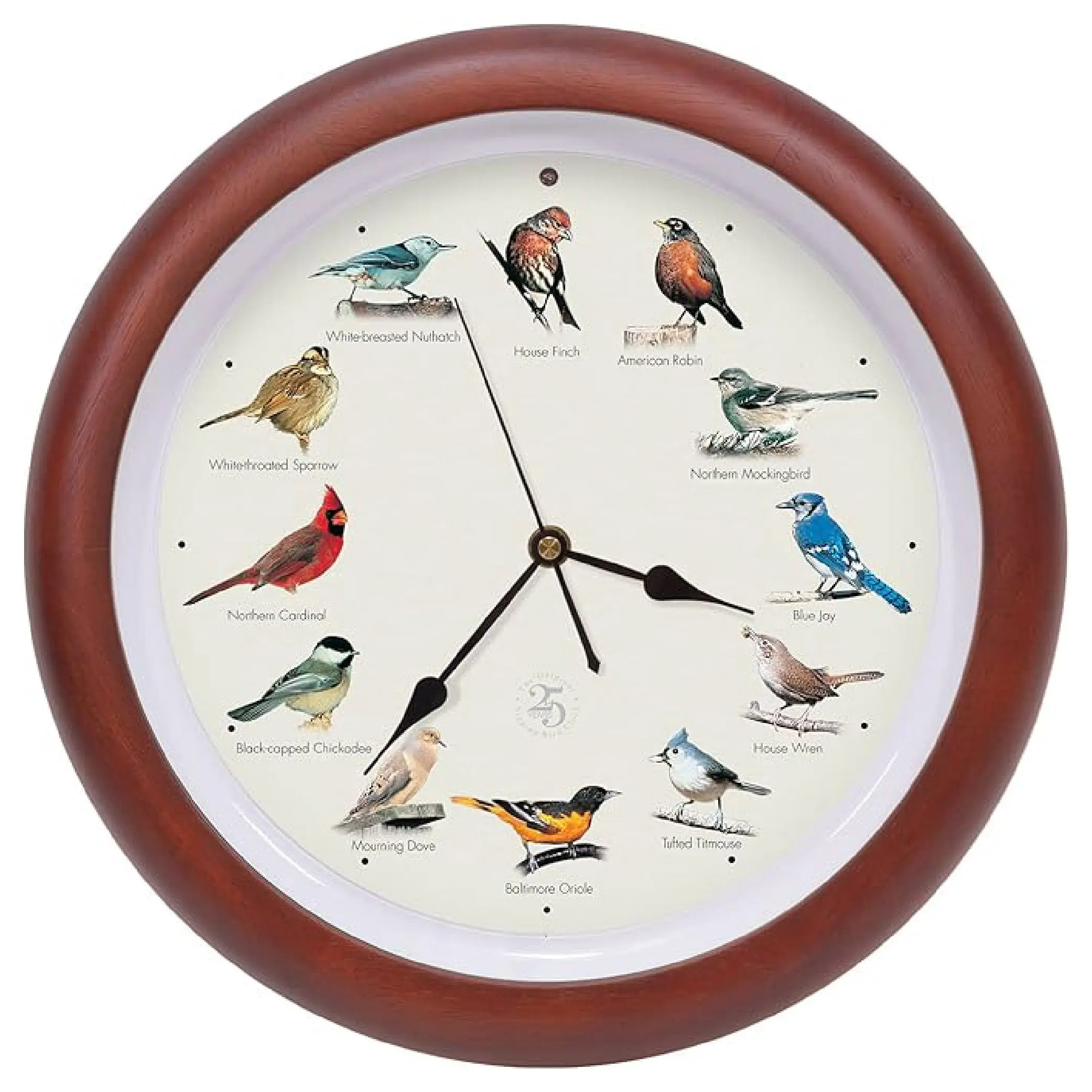 Singing Bird Wall Clock Anniversary Edition 13 Inch Cherry Wood Style with 12 Bird Sounds Light Sensor Battery Operated Nature Decor