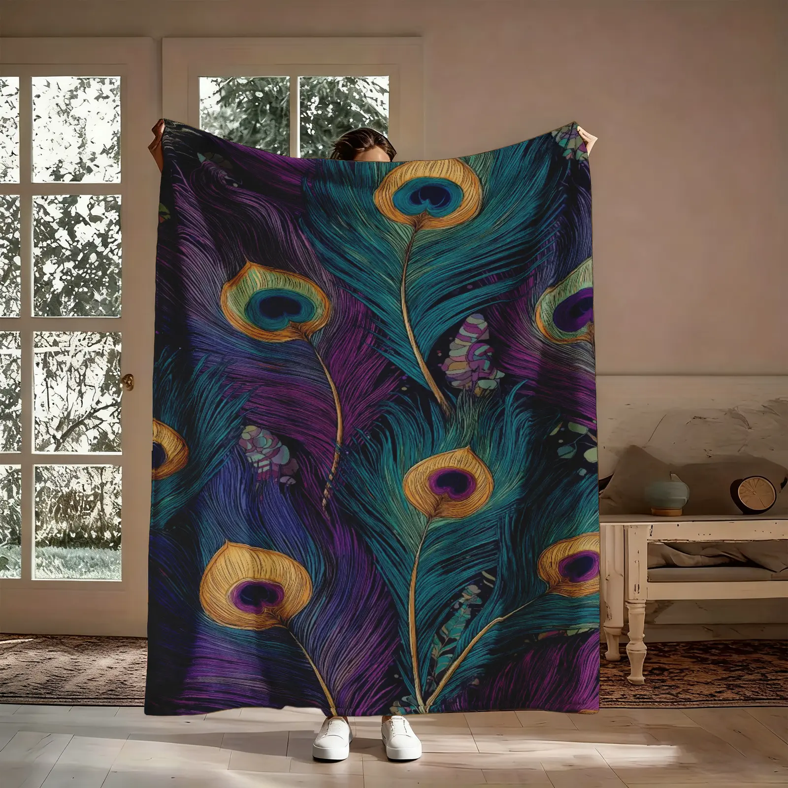 Peacock Feather Design Flannel Throw Blanket, Vintage Oil Painting Bohemian Eye Pattern, Colorful Decorative Decorated Soft Warm Cozy Throw for Couch Bed, Exotic Gift for Bird Lovers (Birthday Christmas Housewarming), Colorful Decorative Throws, Decorated