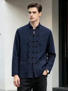 New Traditional Chinese Tang Jacket, Stand Collar Button Design, Embroidered Pockets, Spring Casual Fashion Outerwear, Long Sleeve, Loose