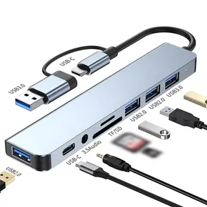 8 in 2 Multi Function USB Hub with USB 3.0 USB C SD TF Card Reader and 3.5mm Audio Ports for Phones Tablets and Computers