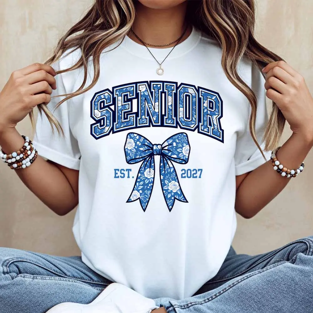 Senior Est 2027 Blue Bow Print T Shirt Women Casual Short Sleeve Top