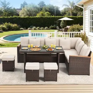 Outdoor 7-Piece Patio Furniture Set, PE Rattan Sectional Sofa with Dining Table & 3 Ottomans, Ideal for Garden Poolside Backyard