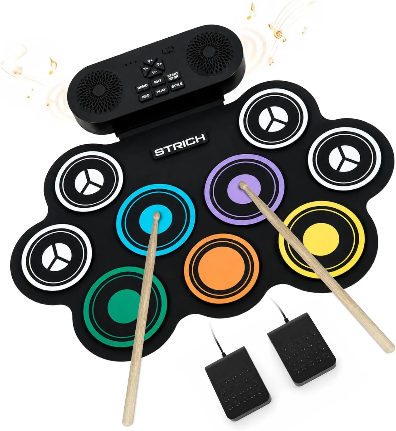 STRICH Electric Drum Set, 9-Pad Roll Up Drum Practice Pad, Portable Electric Drum Pad with Built-in Speaker, Drum Pedals & Sticks, 10H Playtime, Christmas Birthday Gift for Beginners (SED-K10)