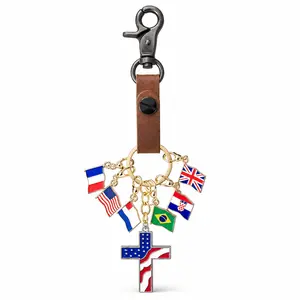 Multinational Flag Charm Keychain with American Cross Pendant, Leather Strap & Metal Lobster Clasp