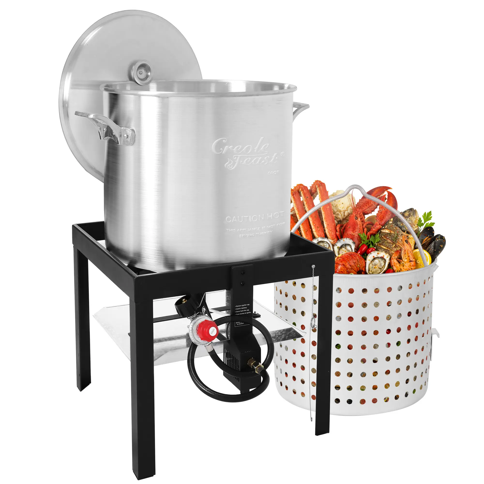 Creole Feast SBK0601 60QT Seafood Boiling Kit with Strainer, 100,000 BTU Outdoor Propane Cooker, Aluminum Crawfish Boiler with 10 PSI Regulator, Black & Silver Camping Kitchenware Cookware Camping Equipment