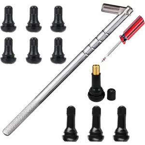 Tire Valve Stem Puller Tools Set – Valve Stem Installer, Brass and Ozone Resistant Snap-in Tire Valve Stem with Valve Cores (6 x TR412,4 x TR413), 1 x Valve Core Remover