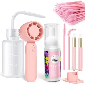 Pink Lash Cleaning Kit for Extensions with 60ml Fragrance Free Foaming Shampoo and Rechargeable Fan Dryer, Sensitive Safe Aftercare Tools