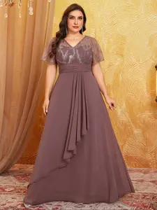 Elegant V-Neck Sequined Embroidered Mesh Short Sleeve Maxi Dress, Pure Color Chiffon Waist Cinching Fitted Ruched Flared Formal Evening Party Gown