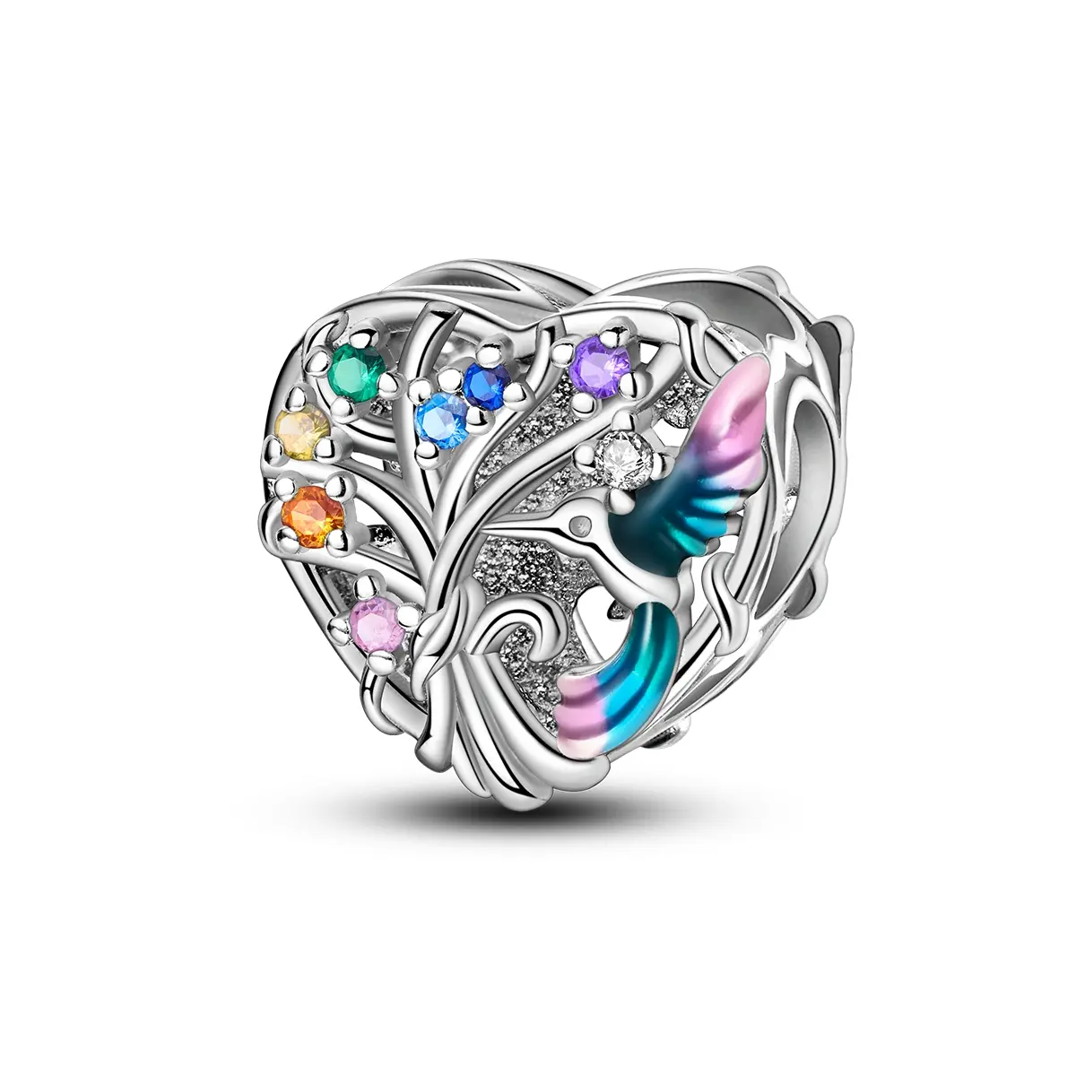 MULA S925 Silver-Plated Hummingbird Heart Charm Bead with Cubic Zirconia, Enamel Details, Trendy Fine Jewelry for Pandora Bracelets & Necklaces, Ideal Special Occasion Gift, Animals, Natural, Female, Charms & Pendants