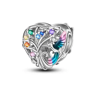 MULA Hummingbird Heart Charm Beads, S925 Silver-Plated with Cubic Zirconia, Enamel Details, Trendy Fine Jewelry for Pandora Bracelets & Necklaces, Ideal Special Occasion Gift