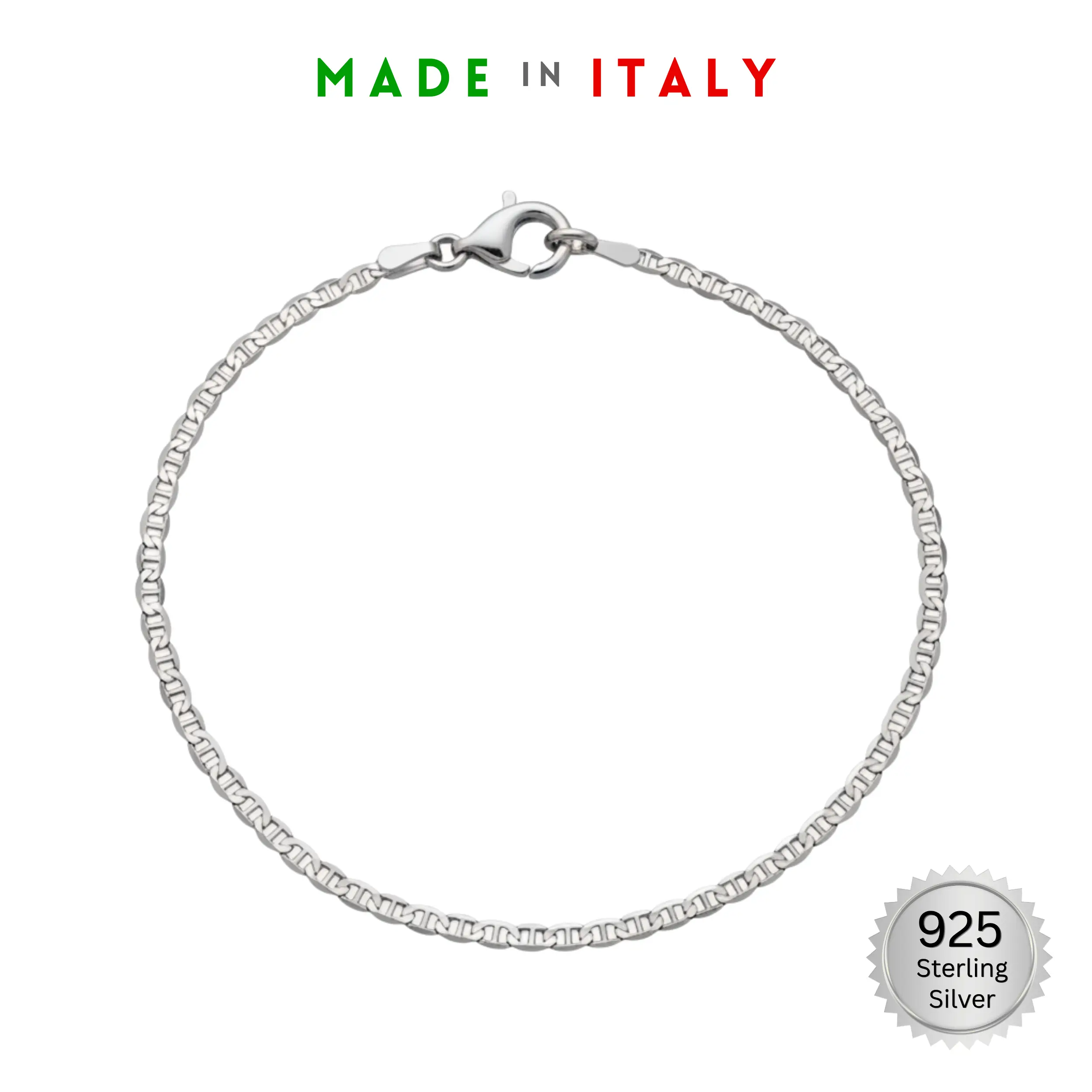 925 Sterling Silver 2.5mm Flat Mariner Link Bracelet 8 inch Made in Italy (1.85g)