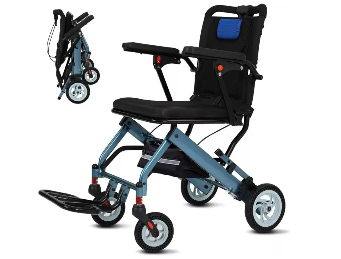 Adult Folding Transport Wheelchair - 16-Inch Wide Seat - Aerospace-Grade Aluminum Frame - Detachable Bi-Directional Flip-Up Armrests - Swing-Away Footrests - 8-Inch PVC Rear Wheels - Dual Handle Brakes - Comfortable Durable Mobility Aid