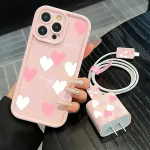 Heart Pattern Phone Case with Phone Chain, Decorative Phone Protector Cover, Phone Accessories Compatible with iPhone 11 12 13 14 15 Pro Max, Casing