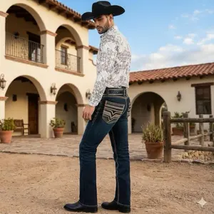 Lamasini Embroidery Lam26502 Jeans Cowboy Style Dark Blue Fitted Below the Ankle OL All Seasons Plain Denim for Men Streetwear with Pockets