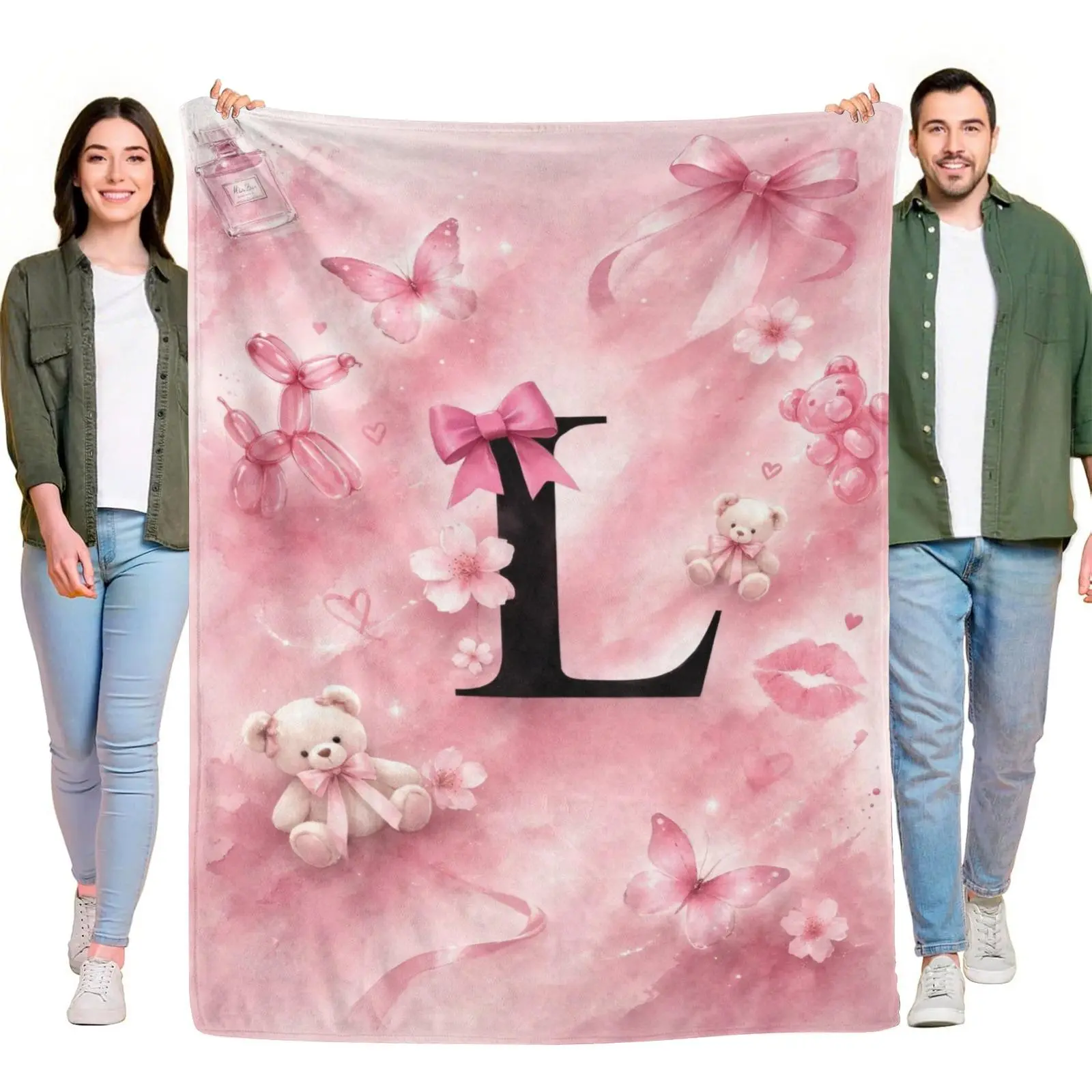 Pink Coquette Letter L Bow Teddy Bear Butterfly Watercolor Flannel Throw Blanket, Custom Initial Aesthetic Decor Blanket