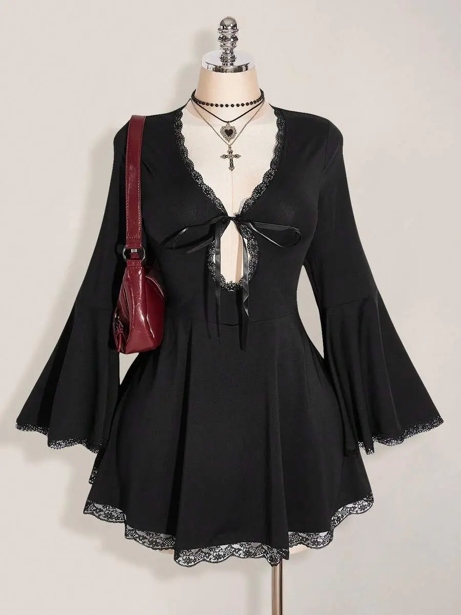 Plus Size V-Neck Lace Patchwork Flare Sleeve Knit Dress, Sexy V-Neck Backless Bowknot Mini Dress, Y2K, Halloween Costume,Fall Clothes For Women