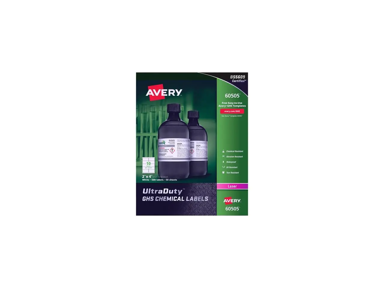 AVERY 60505 2" x 4" GHS Chemical Labels for Laser Printers, 500 labels/50-sheets