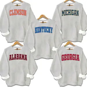 Distressed Varsity College Sweatshirt – Ash Grey, unisex classic fleece pullover with a vintage athletic look, perfect for casual layering