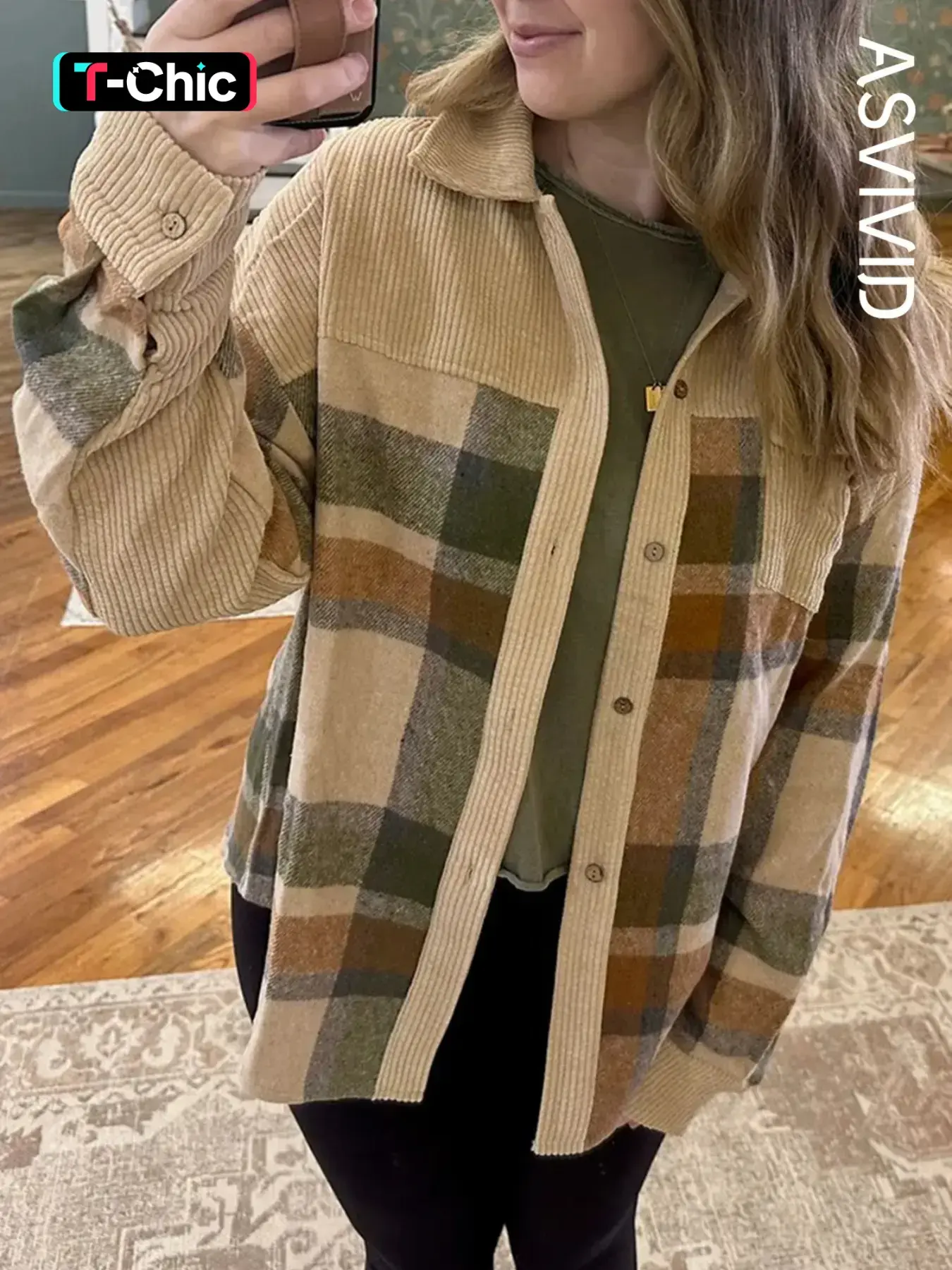 Women's Casual Brushed Plaid Corduroy Patchwork Shirt Jacket, Long Sleeve Design Shacket Coats, Button Front, All Seasons Wear Womenswear