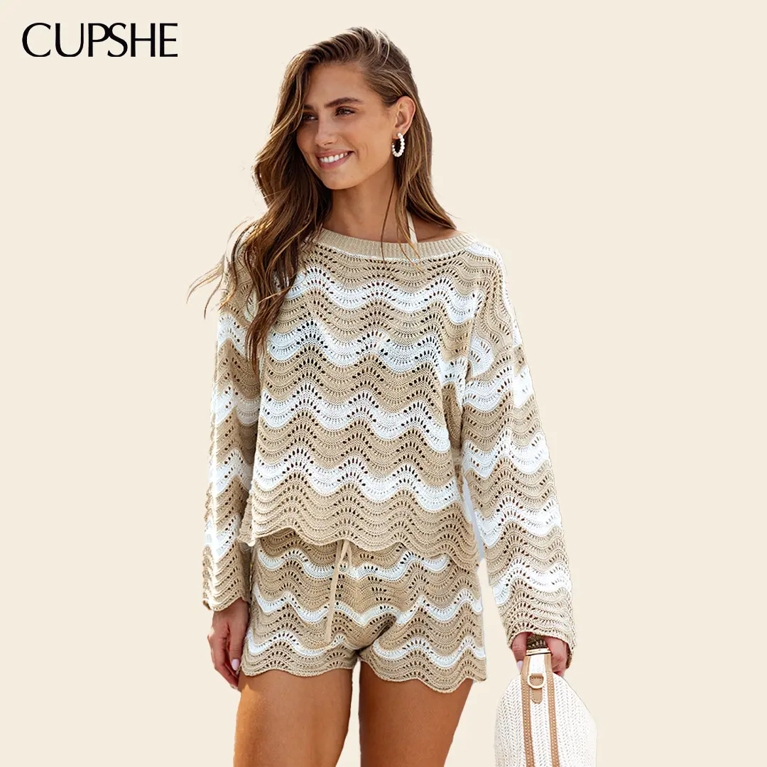 CUPSHE Crochet Knit Wave Swimsuit Cover-Up Shorts Flattering Hollow-Out Drawstring, 2026 Aesthetic Resort Wear for Beach Outdoor , Crochet Coverups #summerfinds tiktokshopbacktoschool