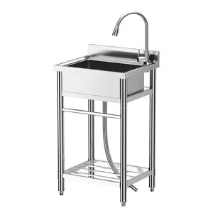 GARVEE Stainless Steel Sink, Freestanding Single Trough Commercial Kitchen Sink Set with Faucet, Commercial Single Bowl Kitchen Prep and Utility Sink for Restaurant, Garage