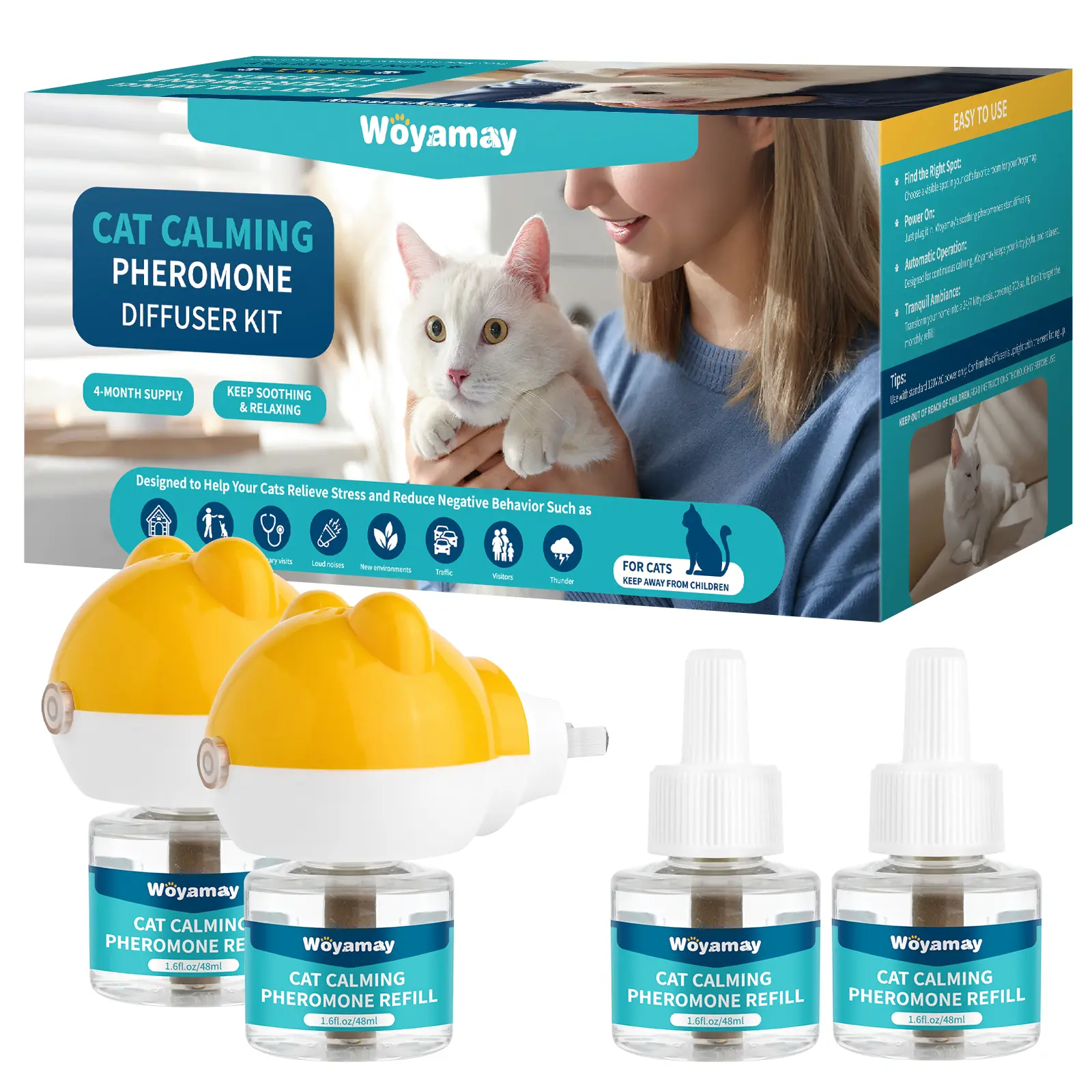 Woyamay 6-in-1 Cat Calming Pheromone Diffuser Kit with Liquid - Heat Function, 90° Angle Adjust Rotatable Head (Horizontal/Vertical), Anxiety Relief, Helps Stop Peeing, Odor Control Support