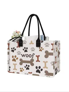Large Capacity Storage Bag with Dog Paw and Bone Print, Durable Handle, Space Saving Multi-Purpose, Reusable Shopping Bags, Ideal for School, Travel, Shopping